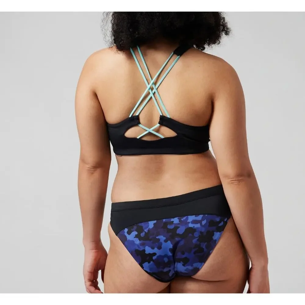 New Athleta Swim Set Bikini Large Freestyle Camo High Neck Top Bottom Blue